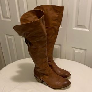 Size 10 Brown leather like boots thigh or knee fold down